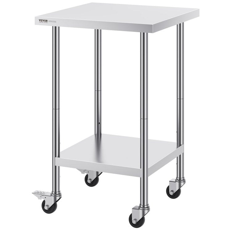 Stainless Steel Work Table 24 X 24 X 38 Inch, With 4 Wheels, 3 Adjustable Height Levels, Heavy Duty Food Prep Worktable For Commercial Kitchen Restaurant, Silver