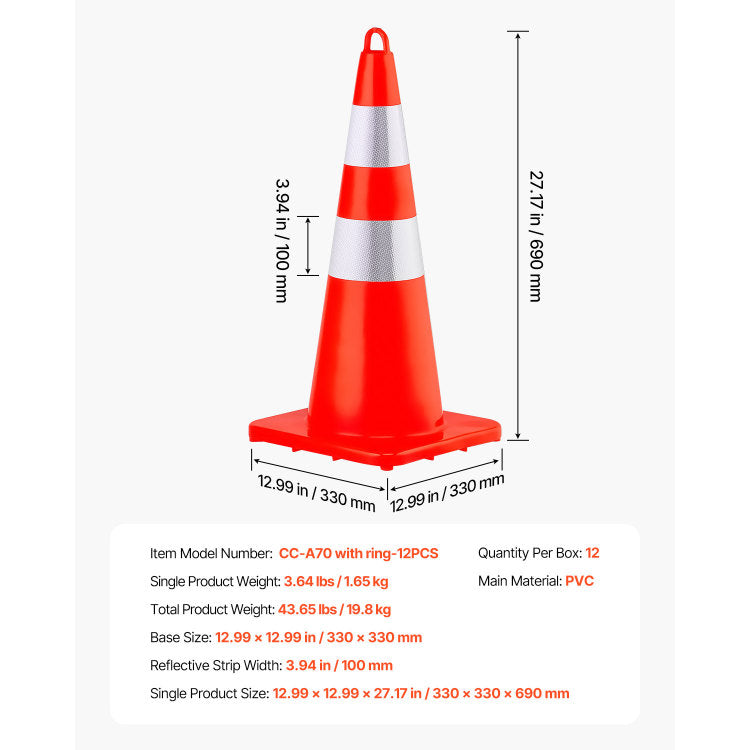 Safety Cones, 12 X 28" Traffic Cones, Pvc Orange Construction Cones, 2 Reflective Collars Traffic Cones With Weighted Base And Hand Held Ring Used For Traffic Control, Driveway Road Parking