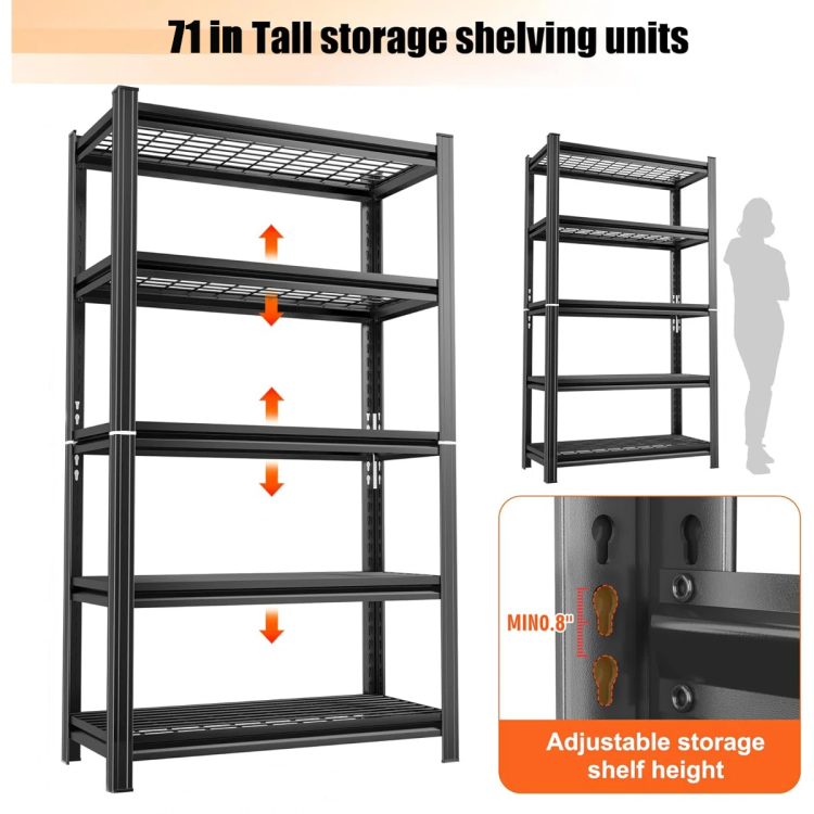 5 Layer Metal Storage Rack, Adjustable Height Storage Rack, 2000 Pound Load, Suitable For Garages, Kitchens, Supermarkets, Storage Rooms, And Gyms. Black, Requires Assembly