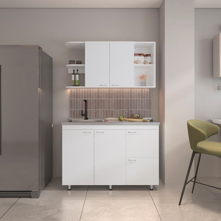 Kitchen Cabinet Set, 6 Doors, 9 Shelves, White Kitchen