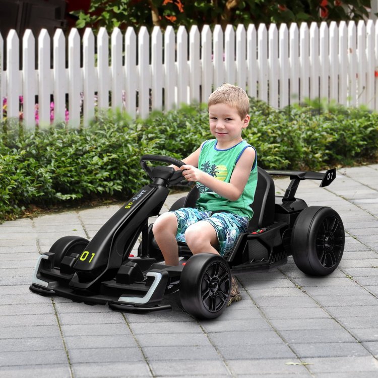 Aosom 24V 7.5 Mph Electric Go Kart With Adjustable Seat, Drifting Car Battery Powered Ride On Toy Outdoor With Slow Start, Button Start, Music, Honking Horn, Lights, For 6 12 Years Old, Black