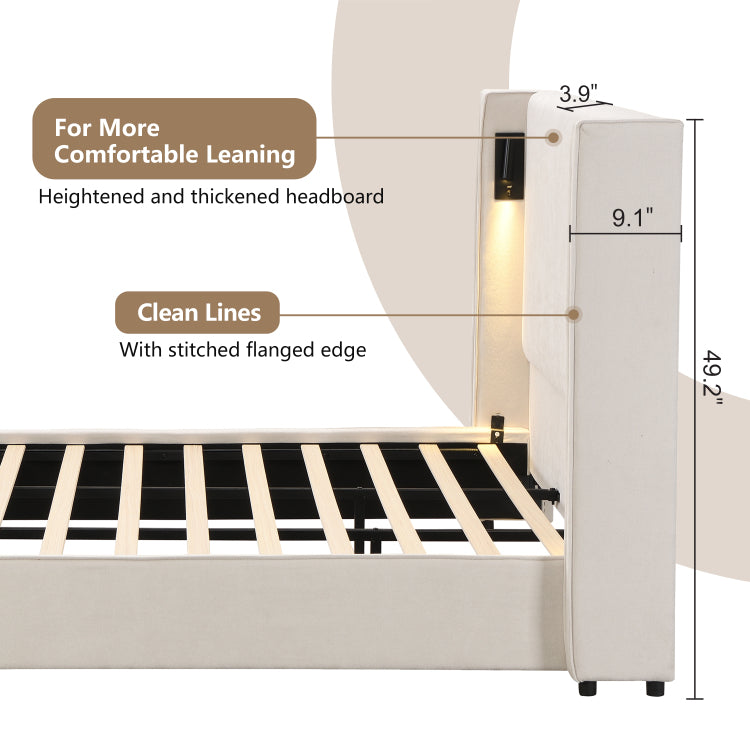 King Size Upholstered Bed Frame With High Wingback Headboard,Reading Lamp And Usb Port,Beige