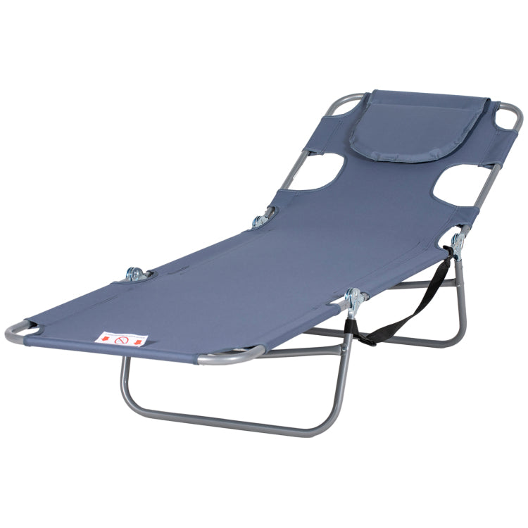 Outsunny Folding Beach Lounge Chair With Face Hole And Arm Slots, 5 Level Adjustable Sun Lounger Tanning Chair With Pillow For Patio, Garden, Beach, Pool, Gray