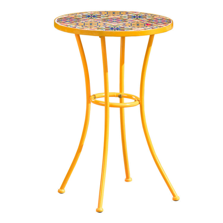 Outdoor Side Table With Tile Mosaic Table Top And Metal Legs, Yellow