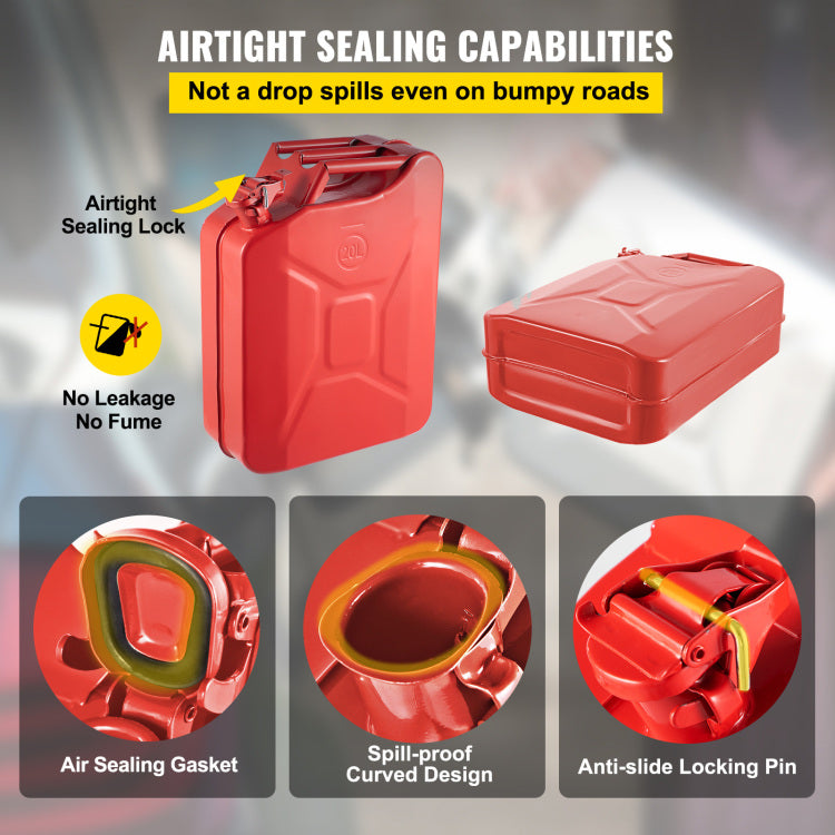 Jerry Fuel Can, 5.3 Gallon 20 L Portable Jerry Gas Can With Flexible Spout System, Rustproof Heat Resistant Steel Fuel Tank For Cars Trucks Equipment, 2Pcs Red