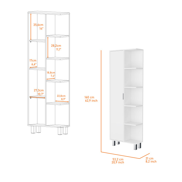 Randall Linen Cabinet, With 1 Door And 9 Shelves, White