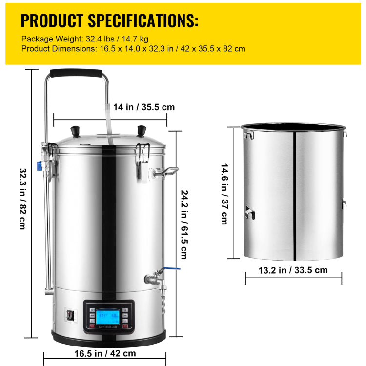 Electric Brewing System, 9.2 Gal 35 L Brewing Pot, All In One Home Beer Brewer W Pump, Mash Boil Device W Panel, Auto Manual Mode 100 1800W Power 25 100 Temp 1 180 Min Timer Recipe Memory