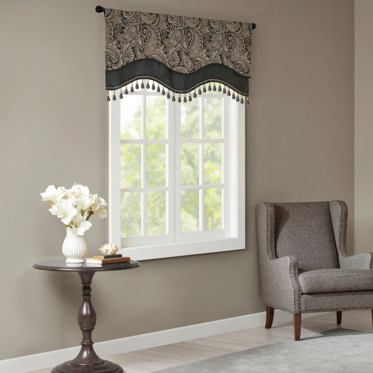 Jacquard Window Rod Pocket Valance With Beads Black 50X18"
