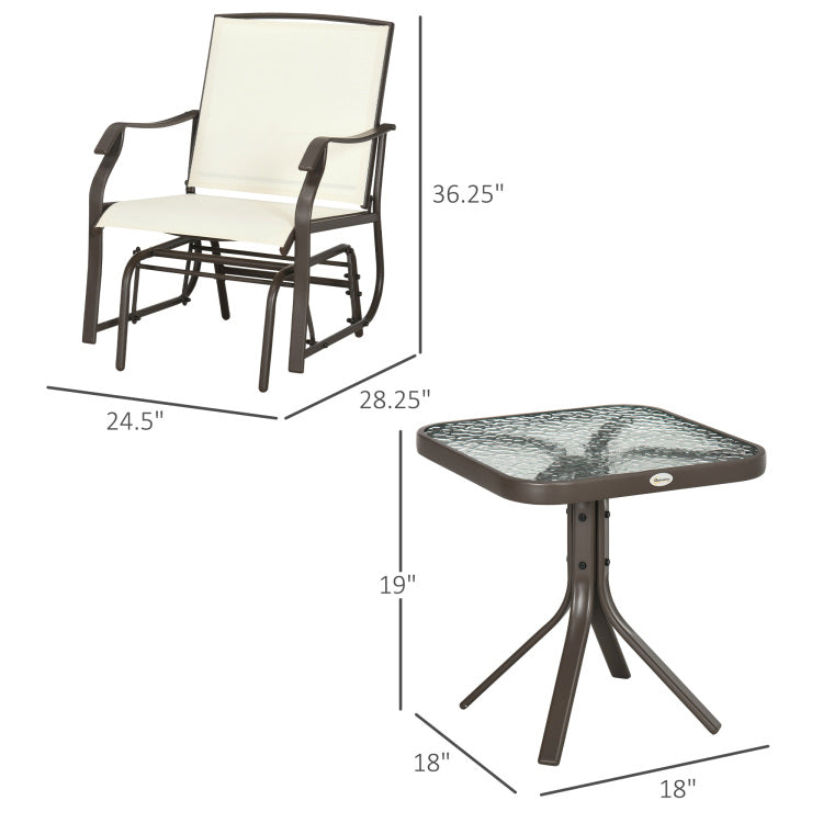 Outsunny 3 Piece Outdoor Glider Chair With Coffee Table Bistro Set, 2 Patio Rocking Swing Chairs With Sling Fabric, Glass Tabletop, For Backyard, Garden And Porch, Cream White