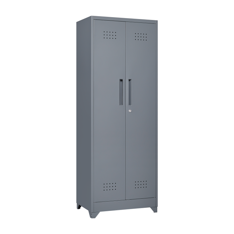 Broom Storage Cabinet With Locking Doors And Shelves, 65" H Metal Storage Cabinet With Hanging Rod & S Hooks, Cleaning Tool Storage Cabinet Grey