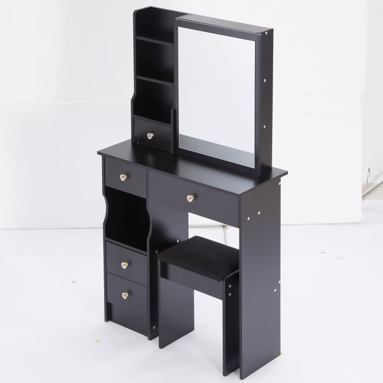 29.2" Small Space Left Drawer Desktop Vanity Table Cushioned Stool, Extra Large Right Sliding Mirror, Multi Layer High Capacity Storage, Practical Fashionable Dresser, Suitable For Small Space