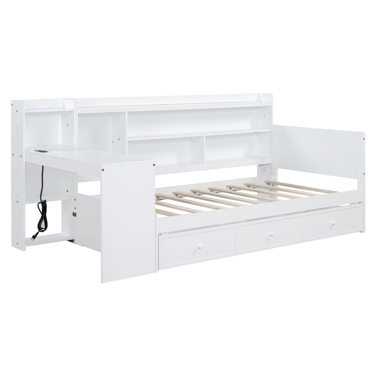 Twin Size Wooden Daybed With 3 Drawers, Usb Ports And Desk , White