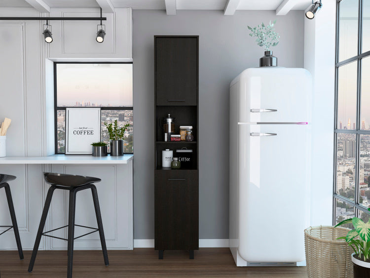 Hobart Pantry, Four Legs, Three Interior Shelves, Two Shelves, Two Cabinets Black