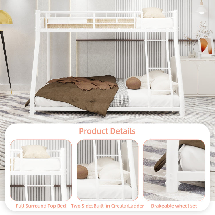 Metal Bunk Bed Twin Over Full Size With Removable Stairs, Heavy Duty Sturdy Frame With 12" Under Bed Storage For Teen & Adults, Teens, No Box Spring Needed, White