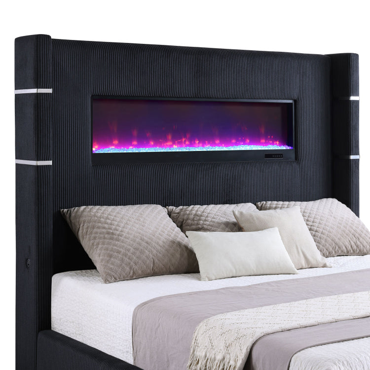 Judah Black Upholstered Eastern King Flame Visualizer Bed