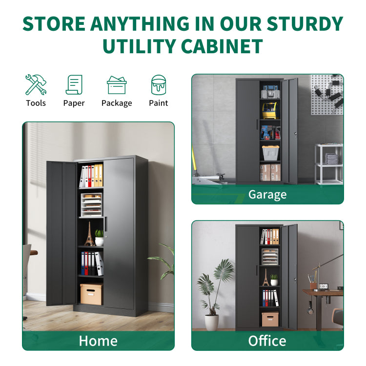 72"H Metal Garage Storage Cabinet, Black Tool Steel Locking Cabinet With Doors And 4 Shelves, Tall Cabinets For Garage Storage Systems Lockable File Cabinet For Home Office, Classroom Pantry
