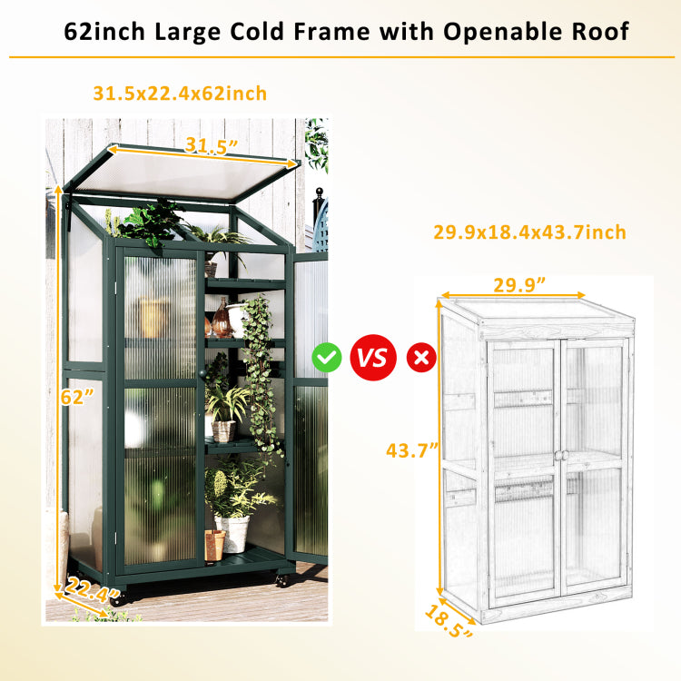 62Inch Height Wood Large Greenhouse Balcony Portable Cold Frame With Wheels And Adjustable Shelves For Outdoor Indoor Use, Forest Green