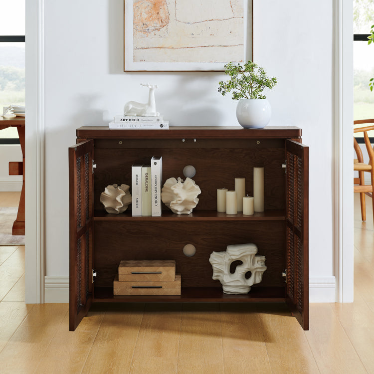 39.4" Mid Century Modern Rattan Sideboard Buffet Cabinet With 2 Outlet Holes, Coffee Bar Wine Bar Credenza, Retro Storage Cabinet For Entryway, Hallway, Living Room, Kitchen, Dining Room, Walnut