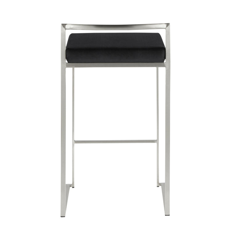 26" Contemporary Stackable Counter Stool In Stainless Steel With Black Velvet Cushion Set Of 3