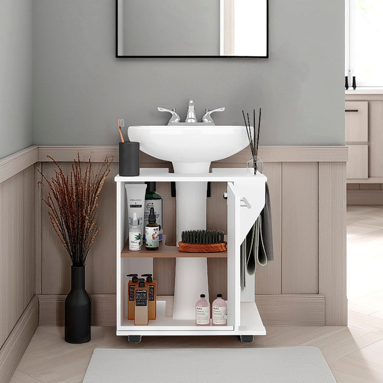 Under Sink Storage 24.4" H, 1 Door, 2 Shelves, 4 Legs, White Bathroom