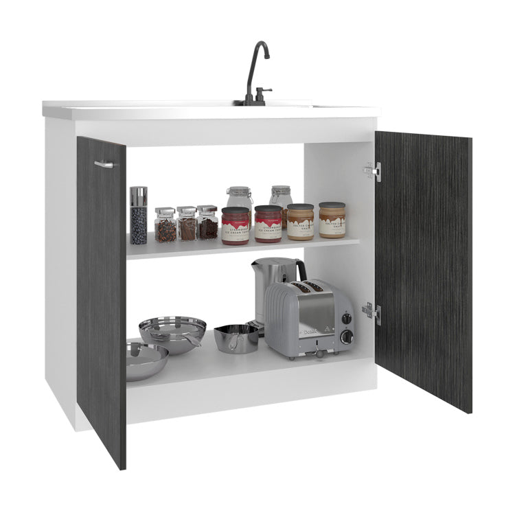 Napoles Utility Sink With Faucet Inclued And Integrated Stainless Steel Counter Top, Freestanding Cabinet With Two Doors, Metal Handles And Two Interior Shelves, Gray White