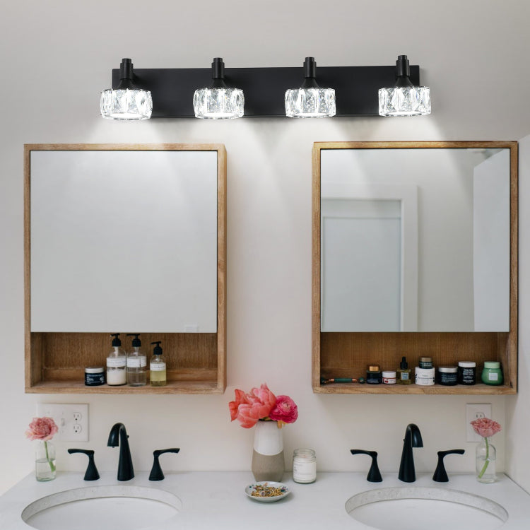 Modern 4 Light Matte Black Led Vanity Light Fixture With Crystal Glass Shades, Bathroom Wall Sconce For Elegant And Contemporary Home Decor
