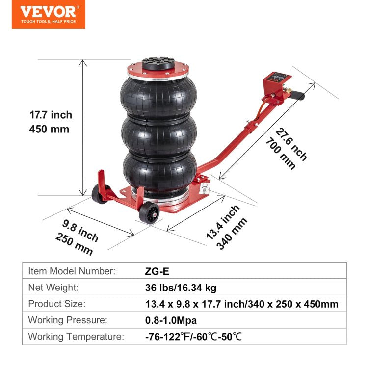 Air Jack, 3 Ton 6600 Lbs Triple Bag Air Jack, Airbag Jack With Six Steel Pipes, Lift Up To 17.7 Inch 450 Mm, 3 5 S Fast Lifting Pneumatic Jack, With Long Handles For Cars, Garages, Repair, Red