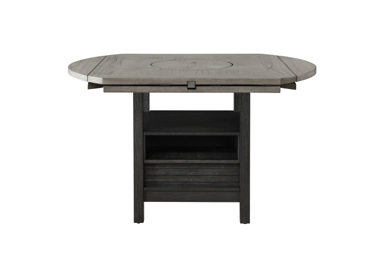 1Pc Farmhouse Contemporary Counter Height Table With Storage Single Pedestal Round Black Gray Natural Grain Integrated Turntable Drop Leaves And Built In Shelving