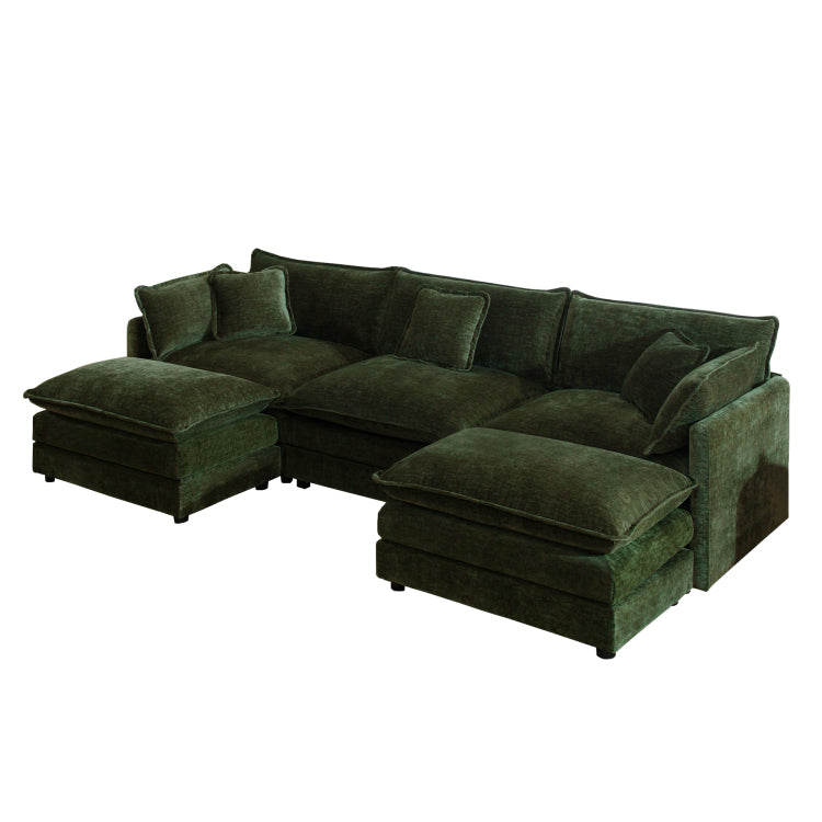U Shaped Sectional Sofa W Reversible Footrest, 3 Seater Convertible Corner Couch With 2 Ottomans ,Modern Minimalist Soft Sofa & Couch For Living Room , Green Chenille