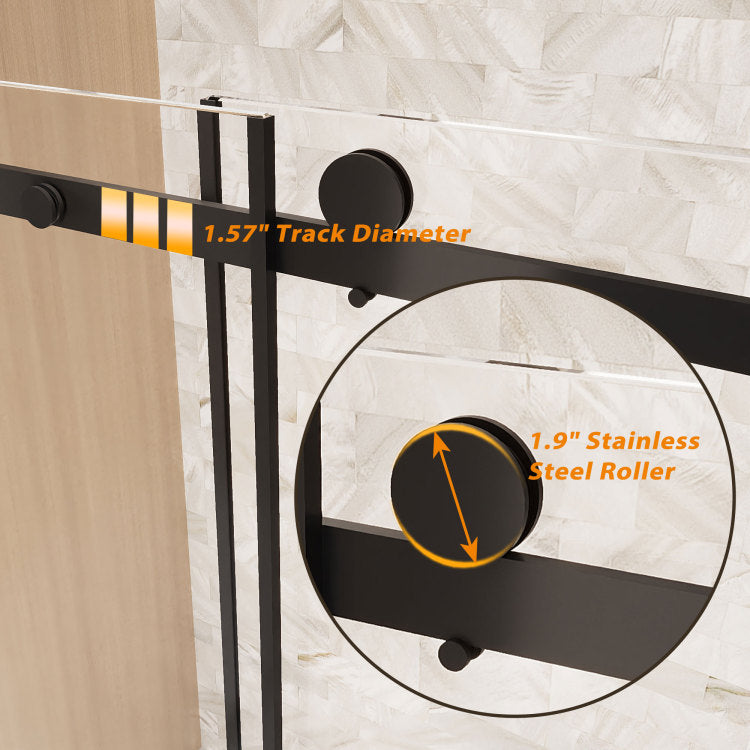Frameless Single Sliding Shower Door 56 60 "W X 76" H, 1 4 " 6 Mm Clear Tempered Glass, Explosion Proof Film, Stainless Steel Handle Square Tube Track ,Matte Black