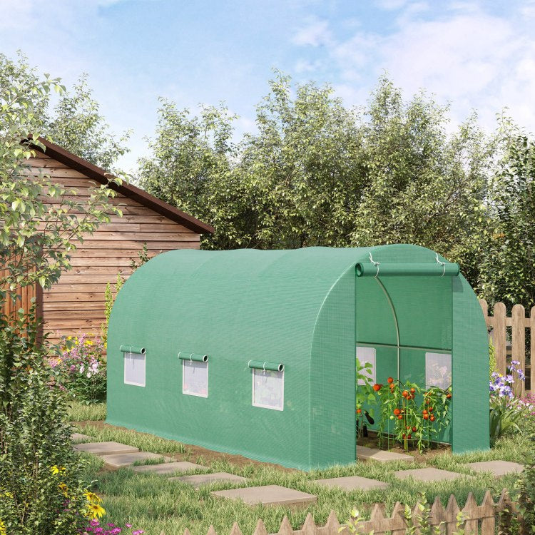 Outsunny 15' X 6' X 7' Walk In Tunnel Greenhouse Garden Plant Growing House With Door And Ventilation Window, Green