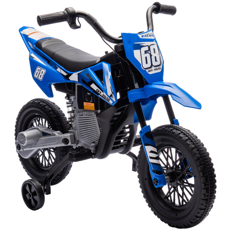 Qaba Kids Dirt Bike With Twist Grip Throttle, 12V Electric Motorcycle, Electric Bike For Toddler With Training Wheels, Rear Suspension & Music, Blue