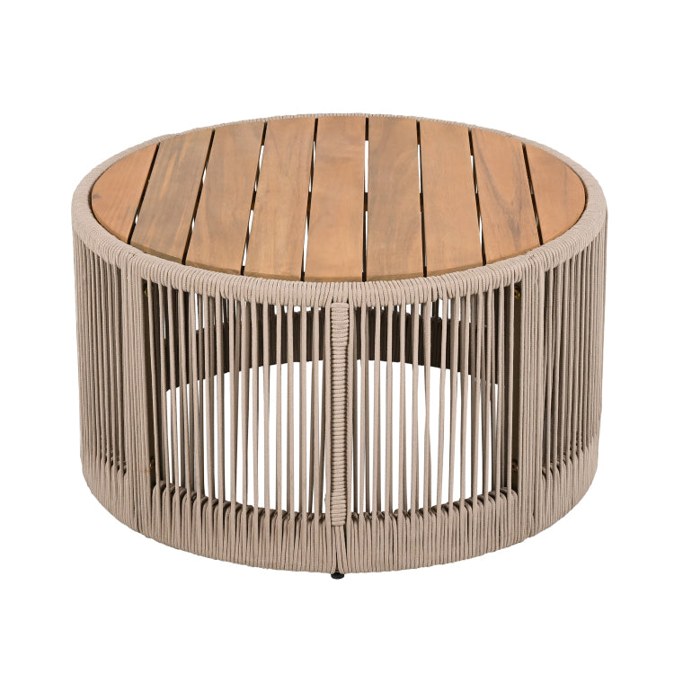 Outdoor Rattan Rope & Acacia Wood Coffee Table Patio Balcony Furniture For Garden, Yard, Balcony Weather Resistant Rope Beige, Natural Iron