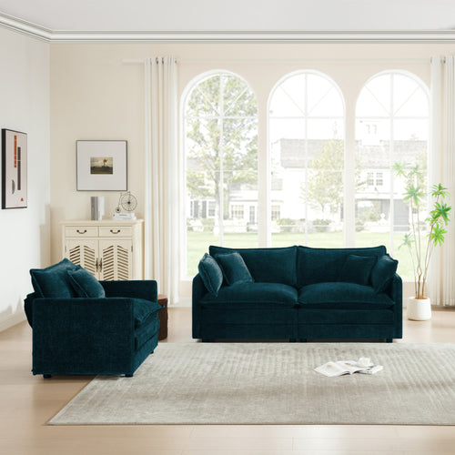 2 Seater Loveseat And Chair Set, 2 Piece Sofa & Chair Set, Loveseat And Accent Chair , 2 Piece Upholstered Chenille Sofa Living Room Couch Furniture 1 2 Seat ,Blue Chenille