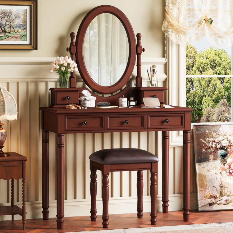 Vanity Desk With Adjustable Angle Mirror, Vintage Vanity Makeup Table And Cushioned Stool Set With Velvet Fabric Lining 5 Drawers,Wooden Dressing Table Set For Bedroom, Walnut
