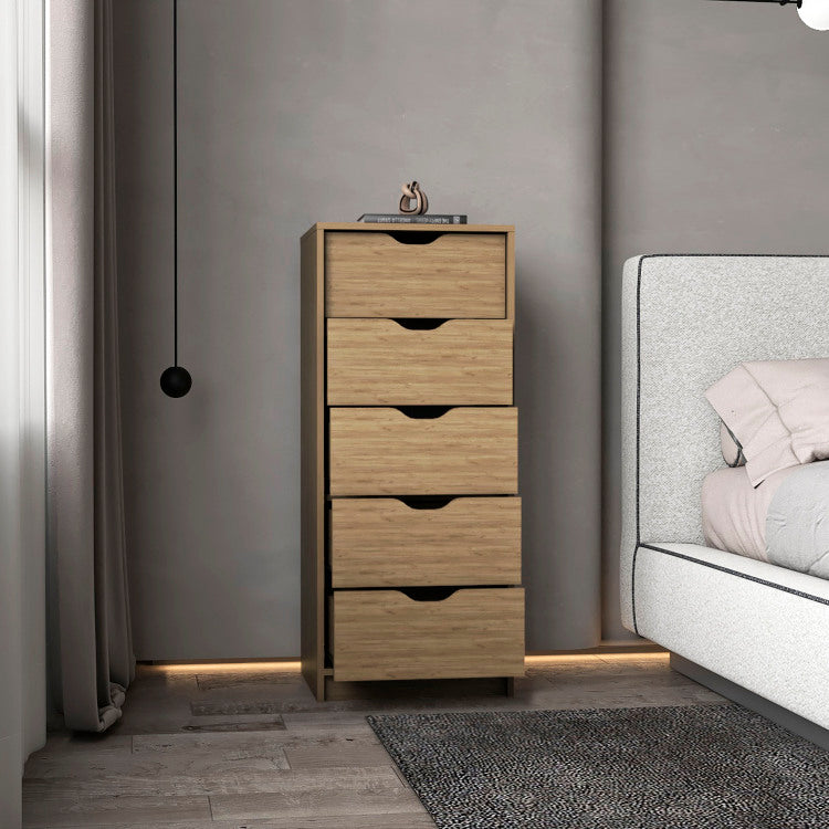 Dresser 42"H, 5 Drawers , Slim Storage Chest Of Drawers, Natural Oak
