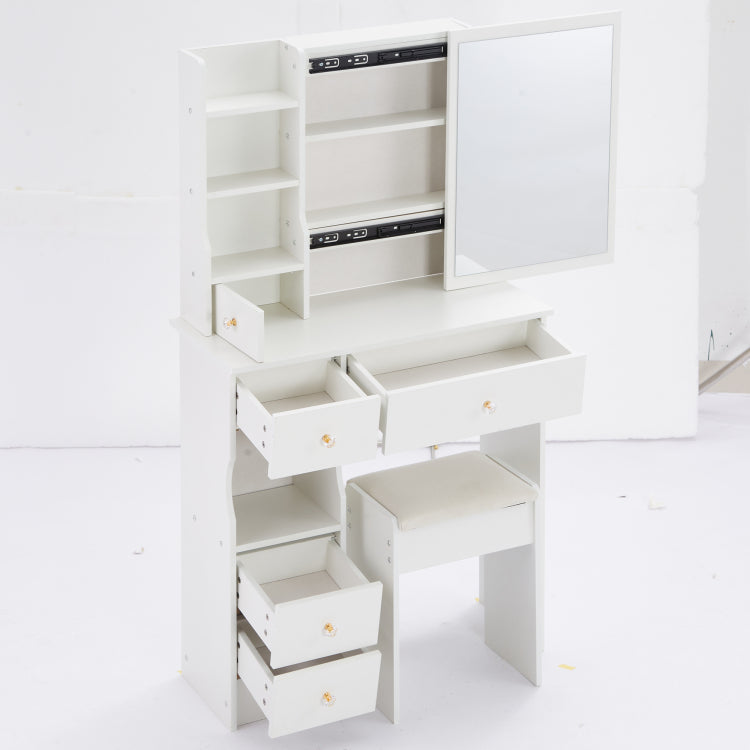 29.2" Small Space Left Drawer Desktop Vanity Table Cushioned Stool, Extra Large Right Sliding Mirror, Multi Layer High Capacity Storage, Practical Fashionable Dresser, Epa, Gcc, Ul Certificate