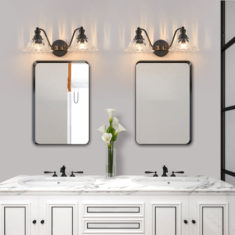 20 Inch 2 Light Vintage Bathroom Wall Sconce Elegant Black Metal And Glass Lampshade Vanity Light Fixture For Bathroom, Hallway, Or Bedroom Bulb Not Included