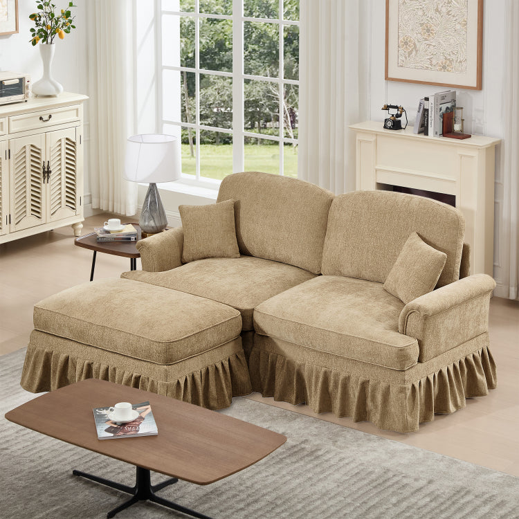 Elegant Mid Century Large Two Seater Modular L Shaped Sofa Couch With Flared Arms And Removable Ruffles Pleats Skirts And Spindle Legs, Comfy Chenille Loveseat Sofa With Movable Ottoman,Light Coffee