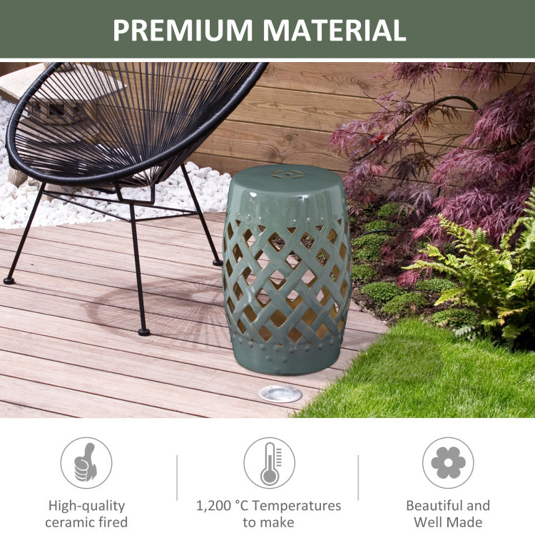 Outsunny 13" X 18" Ceramic Garden Stool With Woven Lattice Design & Glazed Strong Materials Decorative End Table, Green