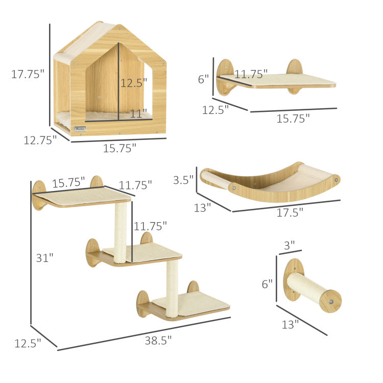 Pawhut Unique Cat Tree Made From Cat Shelves With 10 Levels For More Height, Wall Mounted Cat Tree Climbing Playground With Cat Hammocks, Modern Cat Tree