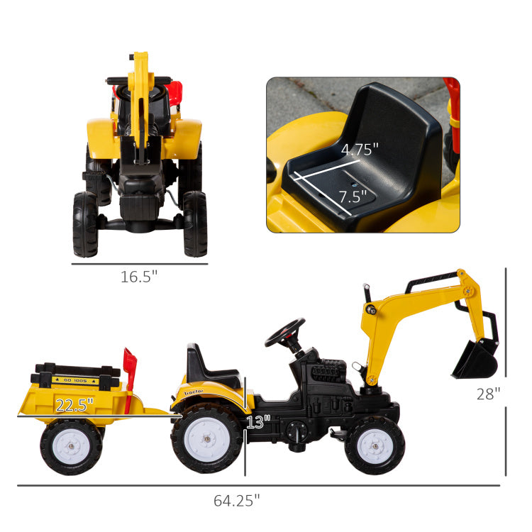 Aosom Digger Ride On Truck Kids Car With Horn, Excavator Ride On Toy, Imaginative Toy Construction Car, 6 Wheels & Detachable Trailer, Yellow