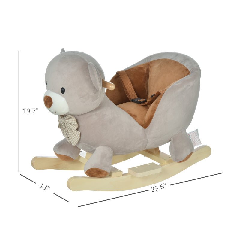 Qaba Kids Rocking Horse, Bear Shaped Plush Toddler Ride On Horse With Sound, Wooden Base & Safety Belt For 18 36 Months, Gray