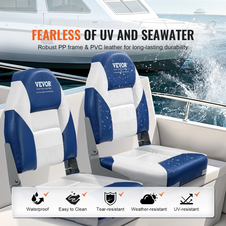 Boat Seats, 21.85" High Back Boat Seat, Folding Boat Chair With Thickened Sponge Padding And Hinge, Fold Down Boat Captain Chairs For Fishing Boat, Sightseeing Boat, Speedboat, Canoe, 2 Pack