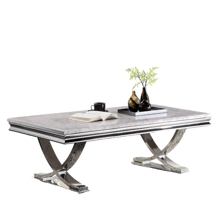 Modern Glam Style Coffee Table With 18Mm Faux Marble On Top Pedestal Base Metal Structure Stainless Steel Chrome Finish