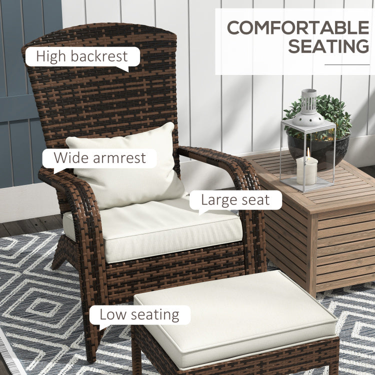 Outsunny Patio Wicker Adirondack Chair With Ottoman, Outdoor Fire Pit Chair With Cushions, High Back, Large Seat & Armrests For Deck, Garden & Backyard, Cream White