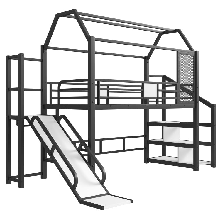 Twin House Loft Bed With Slide And Stairs, Metal Playhouse Bed With Storage Shelves, House Shaped Roof And Noise Free Design, Black