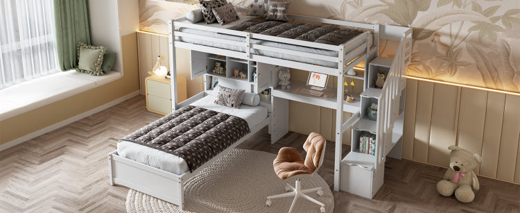 Twin Over Twin Loft Bed With Built In Desk And Staircase, With Storage Compartments And Shelves, White