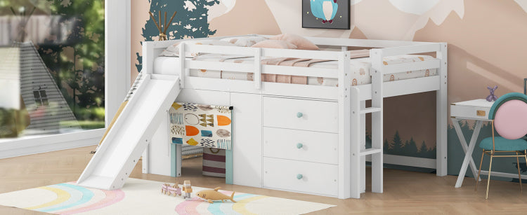 Full Size Low Loft Bed With Slide,Three Storage Drawers And Two Doors,White