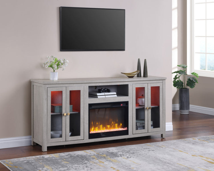Emerson 70"W Light Gray Finish Fireplace Tv Stand Console With Heater, Led Light, Cabinets, Shelves